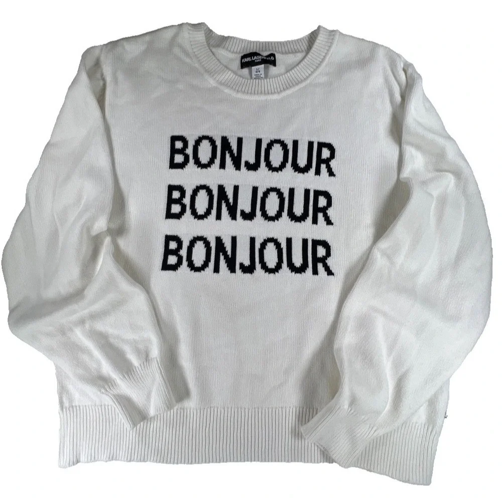 Karl Lagerfeld Sweater Paris Womens Large White Bonjour Black Lettering Classic